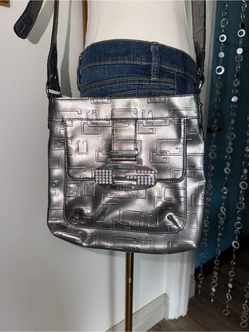 GUESS Metallic Silver Crossbody Bag with Crystal Accent